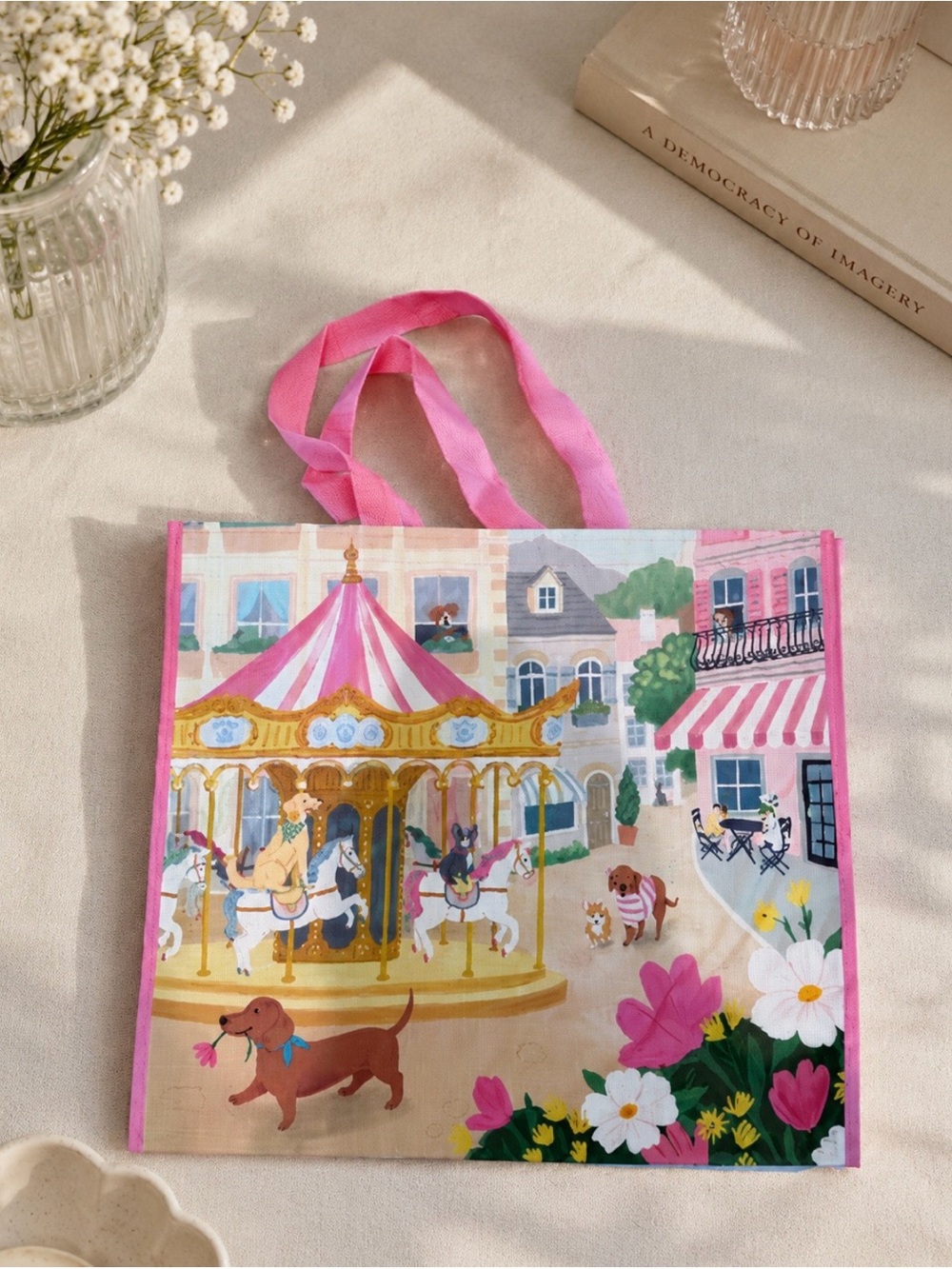 Viral carousel dog print reusable tote bag